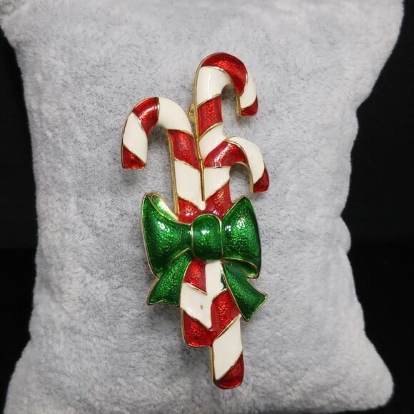 Vintage Enamel Candy Canes Brooch, Green Metallic Bow, 1960s Jewelry - Picture 2 of 10